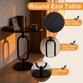 17In(W) x19In(H) Black Round Side Table Heavy Duty Modern End Table Stable Sofa Side Table Sturdy Marble Base Integrated Small Accent Table Nightstand for Living Room Bedroom