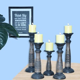 Handmade Mango Wood Eco-Friendly Traditional Black Wash Set of Five 15",12",9",12" & 15" Pillar Candle Holder