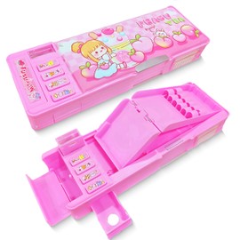 Pop Up Multifunction Pencil Case, Cute Cartoon Pen Box Organizer Stationery with Password Lock, Sharpener, Schedule, Whiteboard, School Supplies, Best Birthday Gifts for Kids Teens (Pink peach)