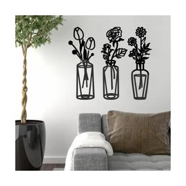 Yuelulala 3 Pieces Metal Flower Wall Art Decoration, Black Metal Wall Art, Black Flower in Vase Wire Wall Hanging Decor for Living Room Bathroom Bedroom Patio Balcony Kitchen Decor (A26-3)