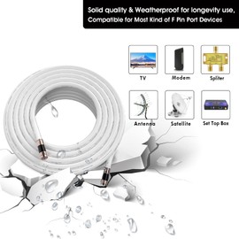 RELIAGINT 40ft White RG6 Coaxial Cable with F Connectors, F81 RF Double Female Adapter, Low Loss High-Speed Coax Cable Cord Extender for HD TV, Dish, Satellite, Antenna, TV Cable 40'