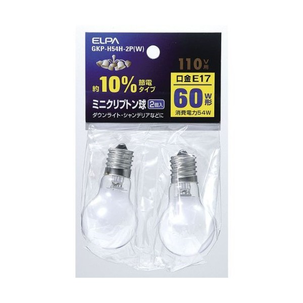 Elpa GKP-H54H-2P(W) Mini Krypton Light Bulb, Lighting E17, 110V, 54W, White, Pack of 2