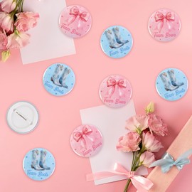 Serencatcher 48pcs Bows or Boots Gender Reveal Party Buttons Bows or Boots Gender Reveal Party Favors Team Bows and Team Boots Button Pins for Bows or Boots Gender Reveal He or She Supplies