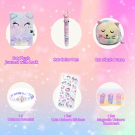 Cat Plush Diary with Lock, Kitten Fuzzy Journal with Lock for Girls Secret Diary Set with 10-color Pen Bracelet Coin Purse Stickers Bookmarks, Travel Notebook