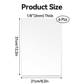 Klmnop 6 Pack 8” x 12” Clear Acrylic Plexiglass Sheets 1/8 inch(3mm) Thick, Use for Craft Projects, DIY Project, Signs, Display Cases, Picture Frames; Cut with Saw or Hand Tools(Clear)