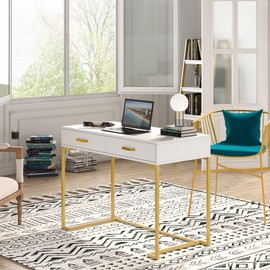 Tribesigns Computer Desk with 2 Drawers, White and Gold Desk Modern Writing Desk Study Table for Home Office, Bedroom, Small Space - Wood Top and Gold Metal Frame (White/Gold)