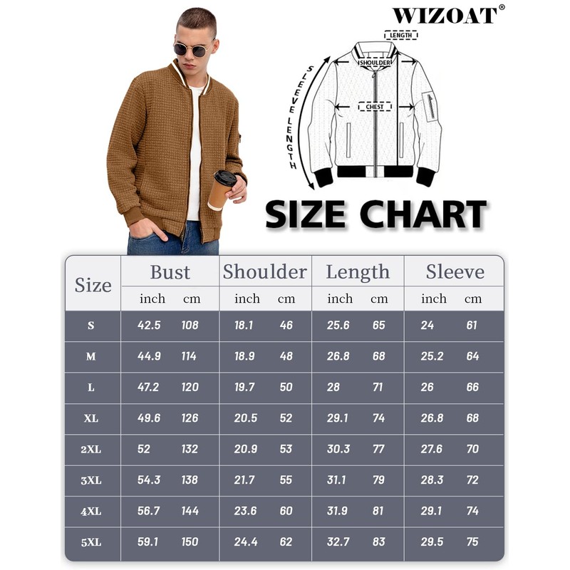 Wizoat Mens Casual Jacket Lightweight Jacket Varsity Coat Deep Khaki