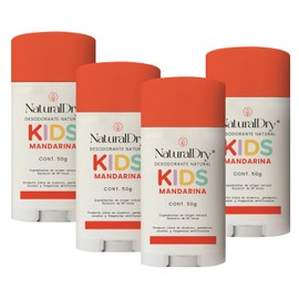 NaturalDry Kids - 4 desodorantes en barra infantiles unisex Naturales para niños y niñas - Sin aluminio - Sin parabenos - Aroma Mandarina - Duración de hasta 24 horas (4 Unidades)