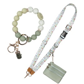 Vintage Floral Cell Phone Lanyard with Wallet, Fashionable Silicone Bead Keychain, Adjustable 3-in-1 Phone Strap, Light Green