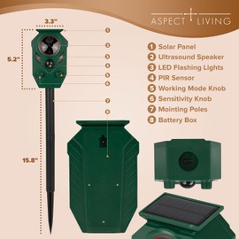 Solar Ultrasonic Animal Repeller Outdoor – Motion Sensor Activated Deer Repellent with Flashing Lights & Sound, IP65 Waterproof, Deterrent for Cats, Dogs, Raccoons, Skunks, Birds