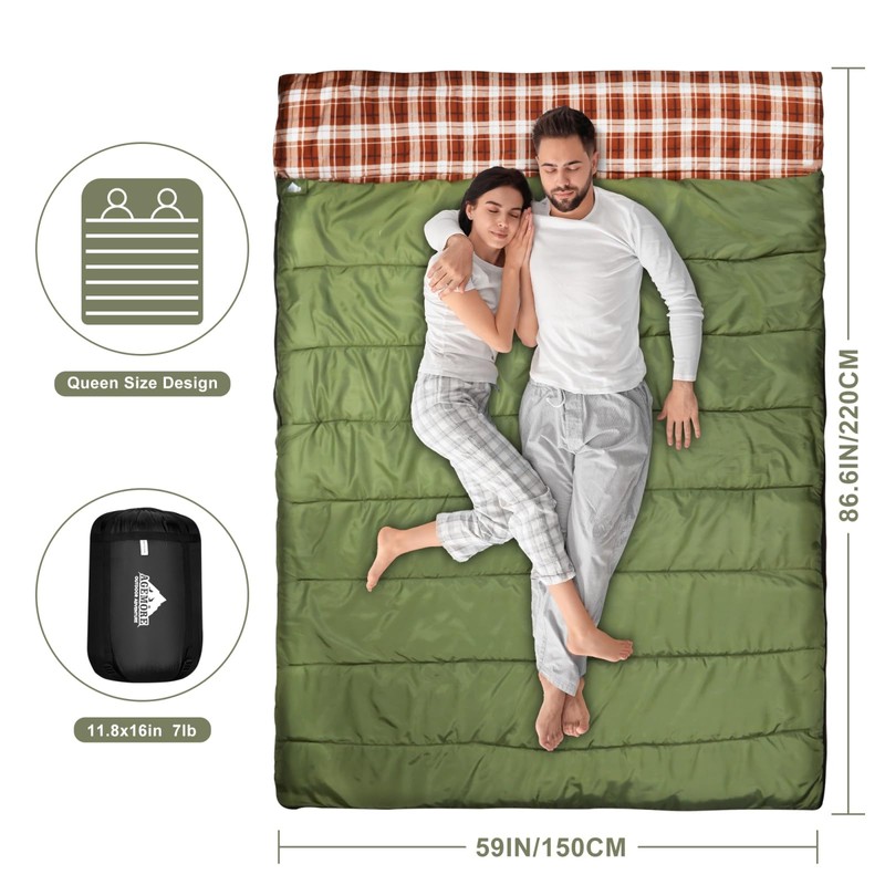 AGEMORE Cotton Flannel Double Sleeping Bag for Camping, Backpacking Or