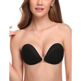 Wingslove Adhesive Bra Reusable Strapless Self Silicone Push-up Invisible Sticky Bras for Backless Dress (Black,B)