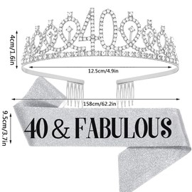 Topfunyy 40th Birthday Gifts for Women - 40 & Fabulous Birthday Sash, Silver Crystal Tiara Crown for Women, 40th Birthday Party Supplies