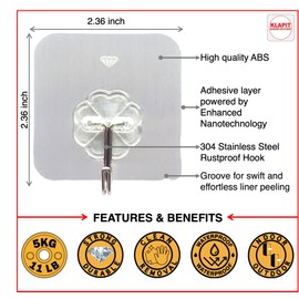 KLAPiT Super Hook - Heavy-Duty Adhesive Clear Wall Hooks, Holds Up to 11 lbs, Waterproof, No Damage, Easy Install on Tile, Wood, Stone, Glass & Metal - Made of Steel (Clear, 16pc)