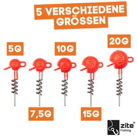 Zite Fishing Screw-In Jig Head Assortment UV Active | Pack of 25 in Sorting Box | 5g, 7.5g, 10g, 15g, 20g | Spiral Jig Heads with Double Eyelet & UV Head | Perfect for Bass, Walleye, Pike & Catfish