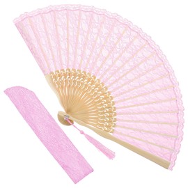Grevosea 1 Pcs Folding Hand Fan, Pink Lace Vintage Retro Fabric Hand Held Chines/Spanish Foldable Fans for Men/Women Wedding Party Favor Performance Dance Home Decorations Festival Gift