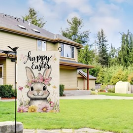 Happy Easter Garden Flag for Outside 17.7×11.8in Cute Rabbit Wearing a Wreath on Its Head Design Bunny Banners Spring Garden Flag Double Sided Burlap Yard Flag Outdoor Farmhouse