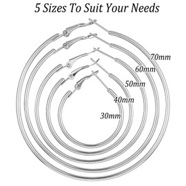 Kifmurase 5 Pairs Large Thin Silver Hoop Earrings, Hypo-allergenic Thin Silver Hoop Earrings Set, Lightweight Big Loop Earring Stainless Steel Earings 30/40/50/60/70 mm