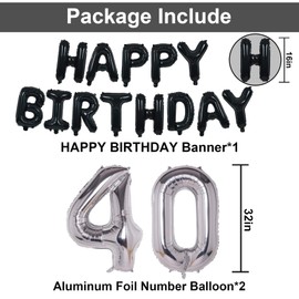 NANINUNENO 40th Black Silver Birthday Party Decorations for Men Women, Happy 40 Birthday Party Supplies with Black Happy Birthday Banner,40 Number Balloons, Happy Birthday Balloons for 40th Birthday