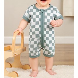 Karuedoo Newborn Baby Boy Girl Clothes Checkered Zipper Short Sleeve Romper Jumpsuit One-Piece Bodysuit Infant Summer Outfit (Blue, 3-6 Months)