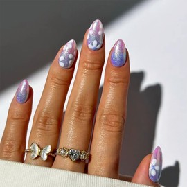 Pink Gradient Cat Eye Press on Nails Glossy Blue Ombre Cat Eye Acrylic Fake Nails 24Pcs White Flower False Nails Gel Glue on Nails for Manicure Cat Eye Stick on Short Almond Nails for Coquette Women