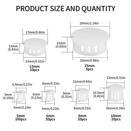 Pack of 205 Drill Hole Cover Caps for Drill Holes, White Plastic Hole Plugs, Furniture Blanking Plugs, Cover Plugs, Plastic Plate Hole Plugs, Pipe Cover, Hole Cover Plugs, 5 mm/6 mm/8 mm/10 mm/13 mm