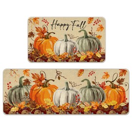 Tailus Happy Fall Pumpkin Patch Kitchen Rugs Set of 2, Autumn Maple Leaves Kitchen Mats Decor, Thanksgiving Farmhouse Floor Door Mat Home Decorations - 17x29 and 17x47 Inch