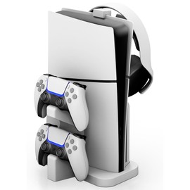 NBCP PS5 Slim Vertical Stand with Dual Controller Charger and LED Indicators for PlayStation 5 Slim Disc & Digital Editions, Includes Headset Holder, Storage Accessory Stand, White