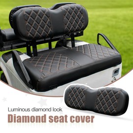 NOKINS Golf Cart Diamond Seat Covers Kit, Fit EZGO Freedom TXT T48 2014+ OEM Standard Front Seat Cushion, Golf Cart Vinyl Seat Cover, No Nails Required (Black and Brown Stitching)