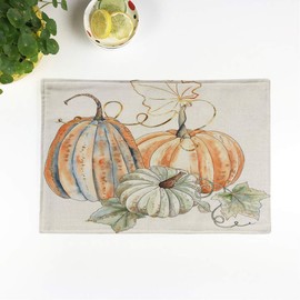 rouihot Set of 4 Placemats Watercolor Autumn Compositions Orange and Green Pumpkins Leaves Branches 12.5x17 Inch Non-Slip Washable Place Mats for Dinner Parties Decor Kitchen Table