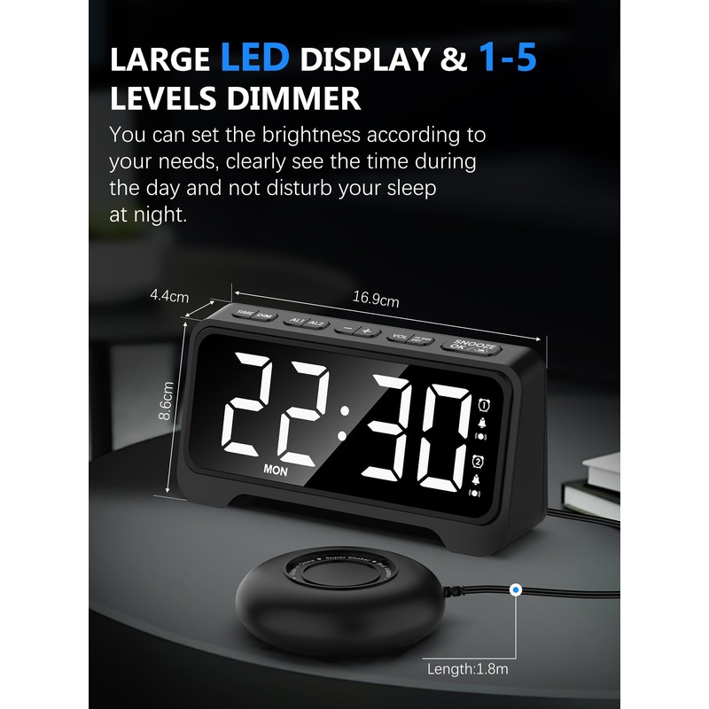 Alarm Clock with Vibration, Extra Loud Alarm Clock with Bed