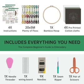 Dazhqp Embroidery Kit for Adult Beginners, 4-Pack Embroidery Starter Kit Including 38 Stitches Learning Step-by-Step Guide and Video, Pre-Patterns, Threads, Needles and Hoop, Craft Kits for Adults