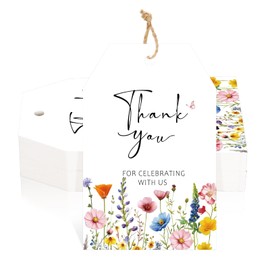 jijAcraft Wildflower Thank You Tags, 50Pcs White Paper Gift Tags with String, 3.3x2.1 Inch Large Flower Gift Wrapping Hangtag, Thank You for Celebrating with us Tag for Wedding, Baby Shower, Birthday