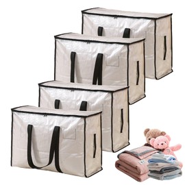 4 Pack Large Clothes Storage Boxes with Lids, Backpack Straps, Zippers & Handles, Transparent Water-Resistant Storage Bags Large Capacity Storage Bags Storage Organiser for Moving House, Under Bed, La