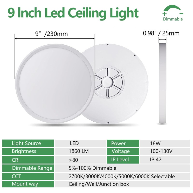 Dimmable 9 Inch LED Flush Mount Ceiling Light, 2700K/3000K/4000K/5000K/6000K CCT
