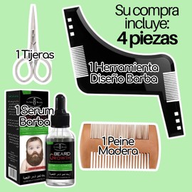 4 PIEZAS - Kit Cuidado Barba y Bigote Peine Madera Tijeras Acero inoxidable Serum Potenciador Crecimiento Barba y Bigote Plantilla De Diseño Barba Bigote Barber