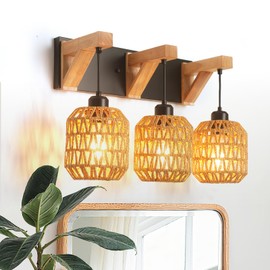 3-Light Rustic Bathroom Vanity Light, Handwoven Rattan & Bamboo Wall Sconce, Farmhouse Wooden Bracket, Boho Wicker Lampshade - for Bathroom, Bedroom, Hallway, Stairway (Natural Finish)