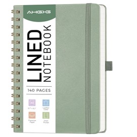 AHGXG Lined Spiral Journal Small Notebook for Women, Notebook College Ruled A5 5.7" X 8.3", 140 Numbered Pages, Hardcover Leather, Meeting Notebook for Work, School Office Supplies, Sage Green