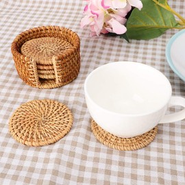 Posavasos de bebida de ratán redondos, 6 piezas de bebidas vintage Alfombrillas de té Almohadillas calientes aisladas Coas de taza de paja de cocina resistentes al calor