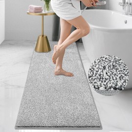 HDFK Bath Mat Runner Non Slip 60x24 Inches Bathroom Rugs 2 Tone Chenille Medium Pile with TPR Backing | Absorbent Solid Light Gray | Long Shower Transition Mats for Tub Side Wet Dry Zone Decor