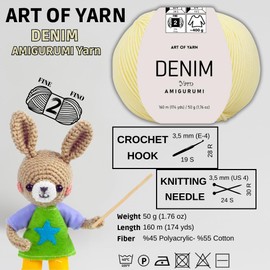 Denim Amigurumi Yarn Art 55% Cotton 45% Poliacrylic 50g 174 Yds Soft Smooth Sport Fine (2) for Crocheting Knitting Blankets Baby Garments More Colors (Straw Yellow, Pack 1)