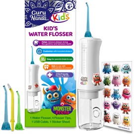 GuruNanda Hilo Dental De Agua Para Niños: 4 Modos, 4 Boquillas, Temporizador Inteligente De 2 Minutos, A Partir De 6 Años, Temática De Monster Frens, Cuidado Bucal Portátil Para Niños
