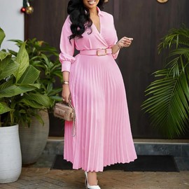 Elainone Women’s 3/4 Sleeve Pleated A Line Dress Wedding Guest Semi Formal Office Lady Dresses with Belt Pink 2XL