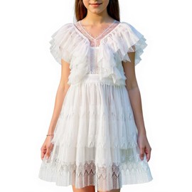 Seechoslo New 3-14Years Girls White Lace Dress Ruffle Sleeve Tiered Soft Lined Party Summer Formal(US, Age, 11 Years, 12 Years, White)