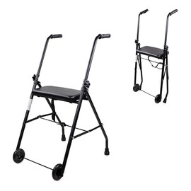 Mobiclinic®, Folding Walker, Adjustable, Ergonomic Grips, Non-Slip Ferrules, with Seat and 2 Wheels, Lightweight, Durable, Steel, Emérita, Black