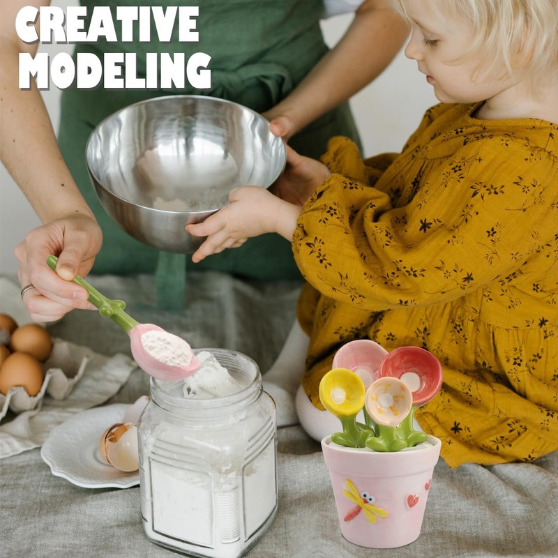 DOERDO Ceramic Measuring Spoons with Holder, Flower Measure Scoops for