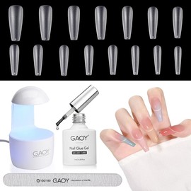 GAOY Nail Tips and Glue Gel Nail Kit with Mini UV Light, Gel x Nail Kit, 360Pcs Matte Extra Short Almond Nail Tips for Fast Nail Extension - Color: Long Coffin