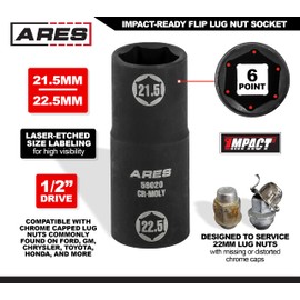 ARES 59020-1/2-inch Drive 21.5 x 22.5mm Half Size Lug Nut Flip Socket - Impact Grade Chrome-Moly Steel – Remove Warped, Damaged, and Bloated Chrome Capped Lug Nuts