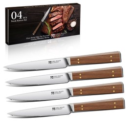 Purple Dragon Serrated Steak Knives Set of 4 - High Carbon German Steel Steak Knife Set with Square Wooden Handle - Effortless Cutting - Christmas Gift for Men and Women