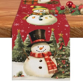 Christmas Table Runner - Xmas Seasonal Table Runners - Watercolor Snowman Table Runner, Christmas Table Runner Snowman, Christmas Tree Snowflake Table Runner - 13 x 72 Inch Table Runner